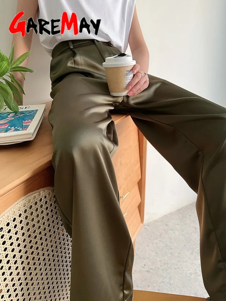 Garemay Summer Autumn Women's Pants Loose Solid Classic Black Straight High Waist Casual Silk Satin Wide Leg Trousers for Women