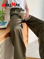 Garemay Summer Autumn Women's Pants Loose Solid Classic Black Straight High Waist Casual Silk Satin Wide Leg Trousers for Women
