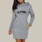 California Womens Dress Neck Side Zipper Fashion Print Long Sleeve Hooded Sports Skirt Hot Sales Casual Knee-Length Dress S-3XL