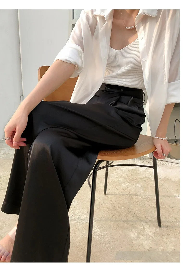 Garemay Summer Autumn Women's Pants Loose Solid Classic Black Straight High Waist Casual Silk Satin Wide Leg Trousers for Women