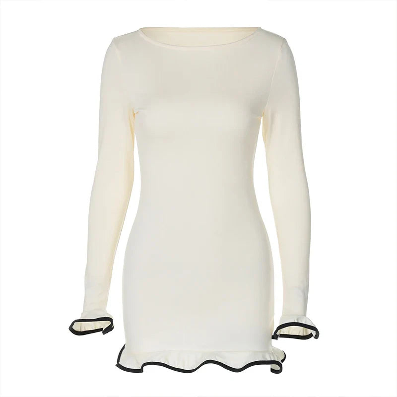 Elegant Round Neck Pleat Long Sleeve New Women's Dresses Casual Slim Pink Black White Short Dresses Lady Chic Party Street Robes