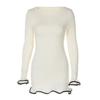 Elegant Round Neck Pleat Long Sleeve New Women's Dresses Casual Slim Pink Black White Short Dresses Lady Chic Party Street Robes