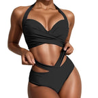 Women Solid Halter Tube Top Swimsuit Cross Ruched Wrap Chest Crop Tops High Waist Hollow Bikini Set Two Pieces Swimsuit Swimwear