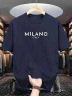 Summer men's 100% pure cotton casual loose and fashionable MILANO ITALY letter printed round neck short sleeved T-shirt top