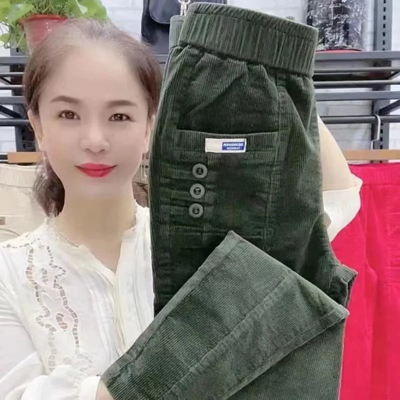 Elegant Women Streetwear Korean Fashion Casual Pant Solid Corduroy Harlan Button Pockets Pants New Autumn Winter Pants
