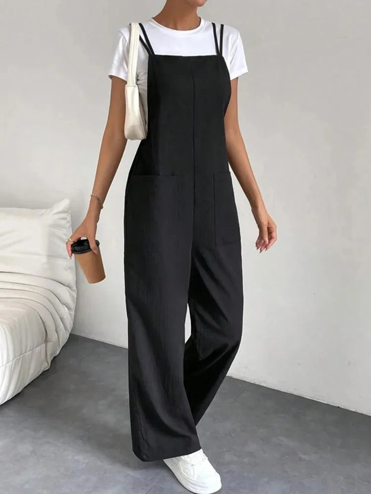 European and American Suspender Jumpsuit Women's 2024 Summer New Fashion Casual Solid Long Wide Leg Women Overalls Jumpsuit