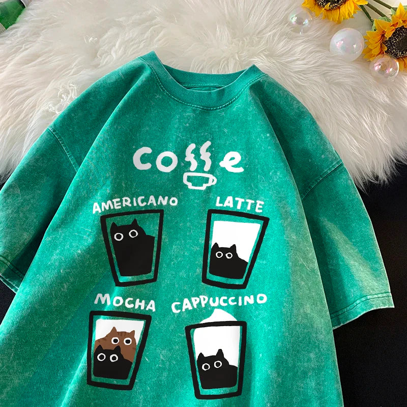 American Retro Trendy Cat Cotton T-shirt Men Women Summer Loose Couple Short Sleeve Tops Harajuku Y2k Vintage Water Washing Tee