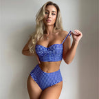 Women Sexy Slim Plaid Two Pieces Swimsuit High Waisted Bikini Swimwear 2024 Bikini Sets Size S-3XL Rose Red/Black/Blue/Sky Blue
