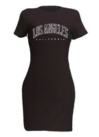 Summer Women's LOS ANGELES Letter Printed Casual Slim Fit Short Sleeve Round Neck Short Mini Dress