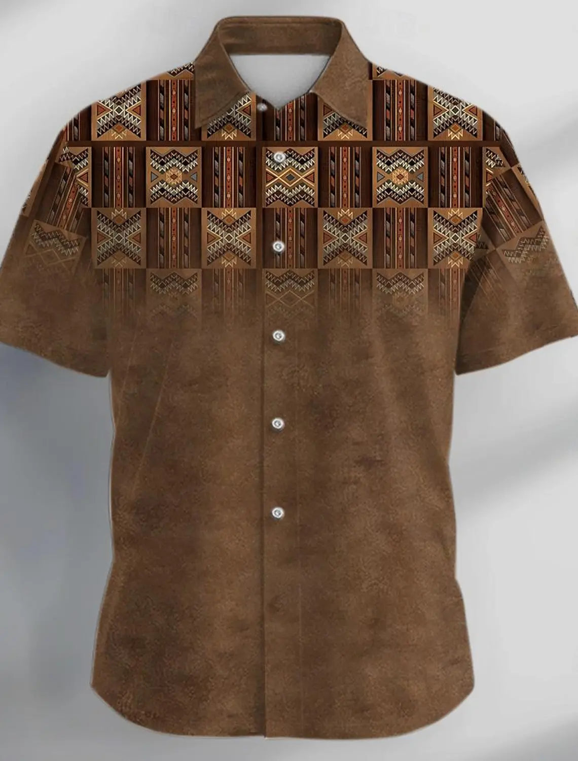 Ethnic Vintage Casual Men's Shirt Button Up Tops Party Evening Daily Vacation Summer Turndown Short Sleeve Brown Polyester Shirt