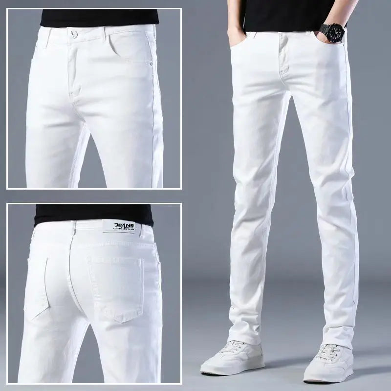 Korean Popular Clothes Men's Spring Autumn High-end Pure White Jeans Men's Brand Slim Elastic Small Feet Korean Trendy Trousers