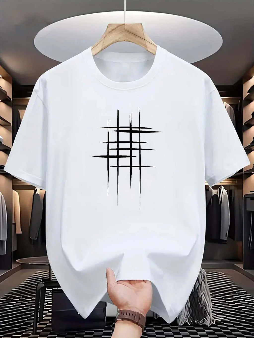 Men's summer 100 cotton fashionable casual loose plus size graphic line printed sports round neck short sleeved T-shirt top