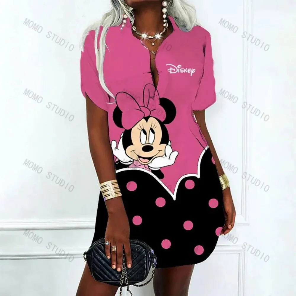 Korean Fashion Minnie Mouse Elegant Dresses for Women Disney Polo Shirts Dress Mickey Summer Dresses Woman 2024 Offer Y2k V-Neck