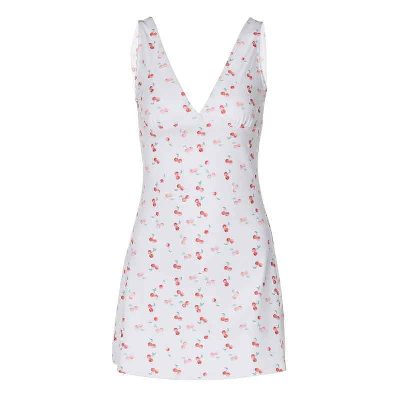 Hugcitar 2024 Cherry Print Straps Backless Draped Sexy Bodycon Mini Dress Summer Women Elegant Clothes Birthday Party Vacation
