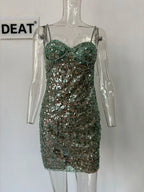 DEAT Heavy Industry Diamond Chain Pearl Suspender Dresses Women For Women 2024 Summer New Party Strap Dress Female 29L7707