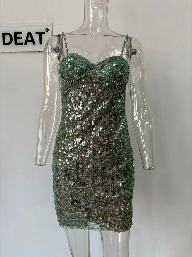 DEAT Heavy Industry Diamond Chain Pearl Suspender Dresses Women For Women 2024 Summer New Party Strap Dress Female 29L7707