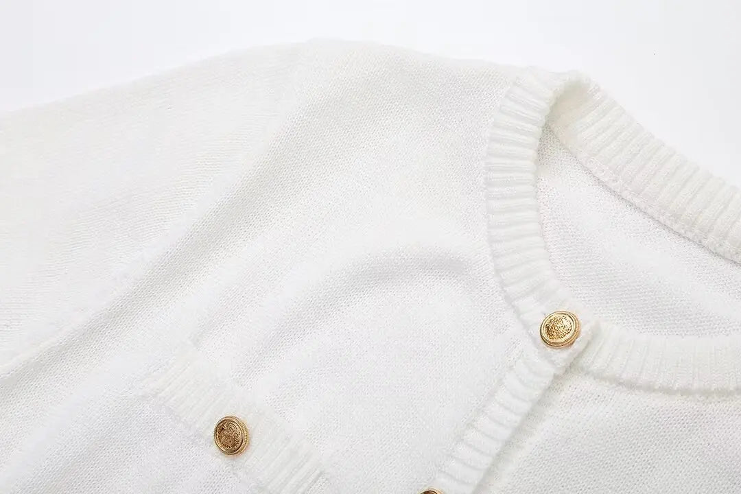 Elegant Women's Knitted Short Sleeve Dress Single Breasted High Waist Button Mini Curvy Dresse Knitwears White Black Summer 2025