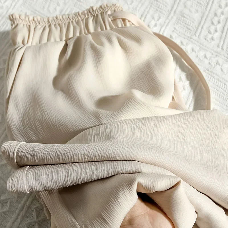 High Quality Wide Leg Pants Women Vintage Drawstring High Waist Satin Silk Pants Woman Casual Loose Straight Trousers