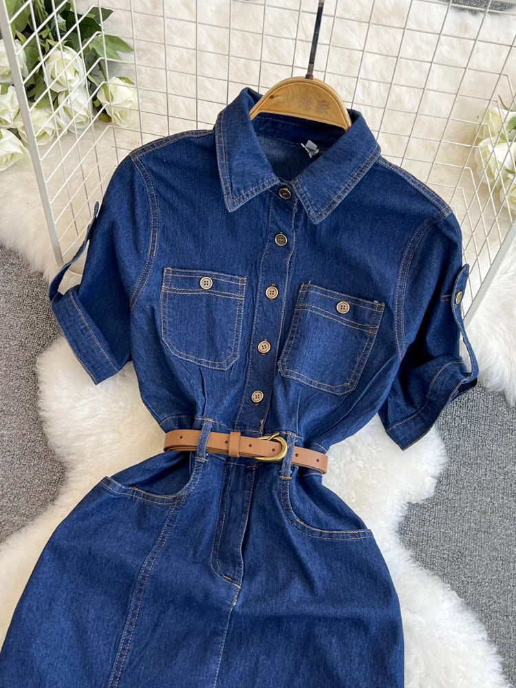 XFPV Women's Sweet Short Denim Dress For Women  Belt Slim Short Sleeved Vestidos Korean Fashion Spring Summer 2025 SM11153