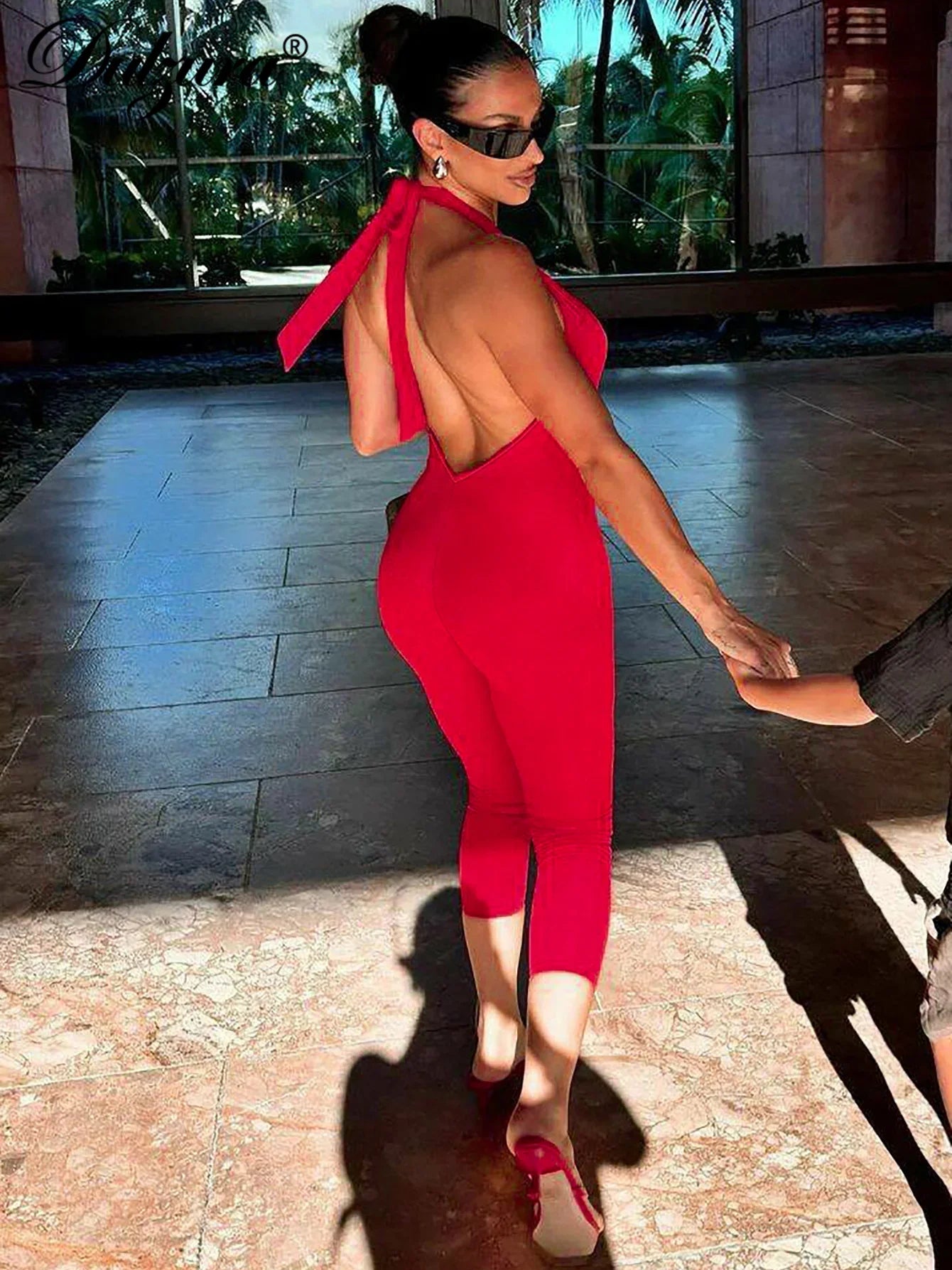 Dulzura Sleeveless Halter Backless Lace Up Jumpsuit Solid Sexy Casual Romper Party Club Streetwear Women'S Autumn Winter Clothes