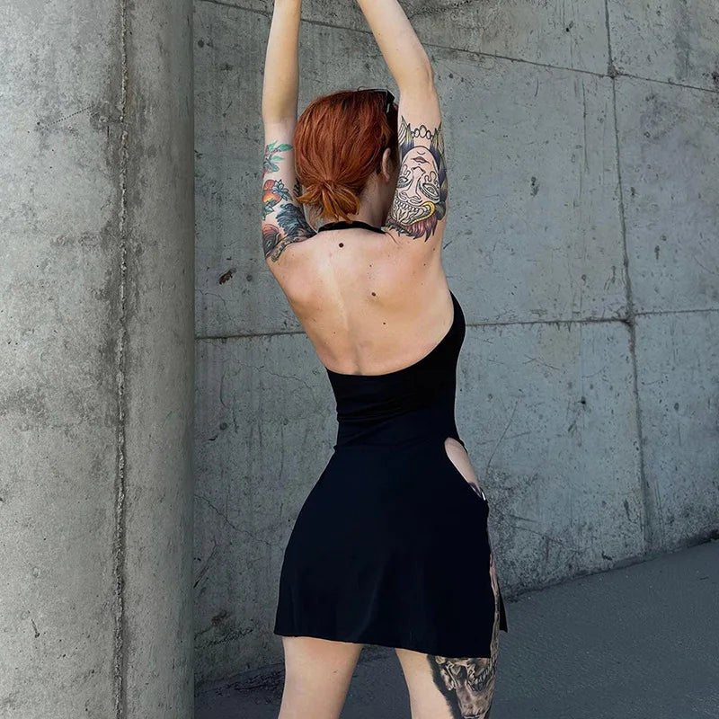 Y2K summer new solid color backless hollow hanging neck sexy spicy girl tight fitting dress