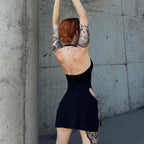 Y2K summer new solid color backless hollow hanging neck sexy spicy girl tight fitting dress