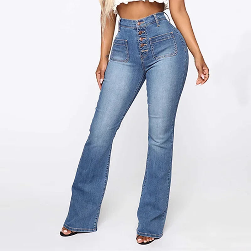 Women's Denim Jeans Button Patch Pocket Washed Long Trousers Cross-Border Wish NK173 Denim Jeans from Mainland China