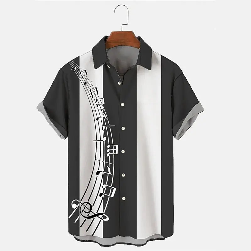 Men's Shirt Casual Buttoned Cardigan 3D Music Symbol Print short-sleeved Shirt Summer New Simple Striped Open Lapel Tops