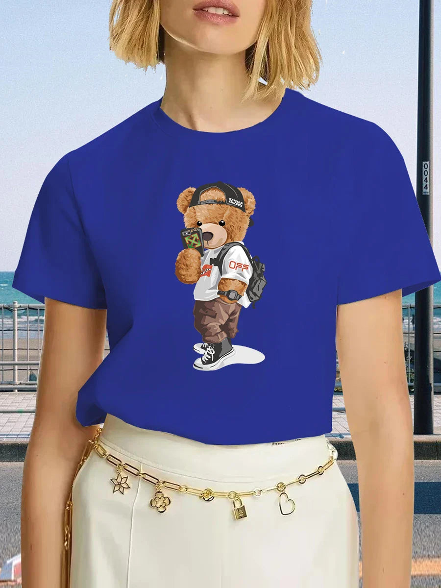 Luxury Brand Fashion Black Selfie Bear Printed Crew Neck Clothing Short Sleeve T-Shirt Trend Women's Summer Y2K Top