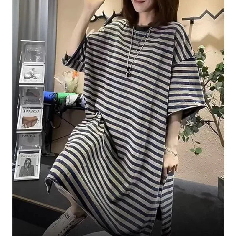 Loose Striped Street Casual T Shirt Dress Summer Short Sleeve O-neck Plus Size Vintage Midi Dress Fashion Office Women Clothing