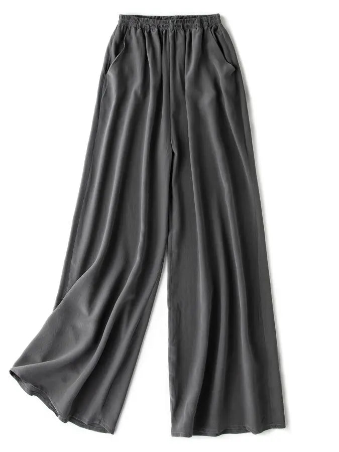 SuyaDream Women Wide Leg Pants 100%Real Silk Solid Elastic Waisted Ankle-length 2024 Office Spring Autumn Chic Trousers Black