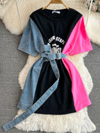 XFPV 2025 Summer Fashion Short Sleeve Round Neck High Waistband Slim A-line Denim Printed Patchwork Dress For Women SM11498