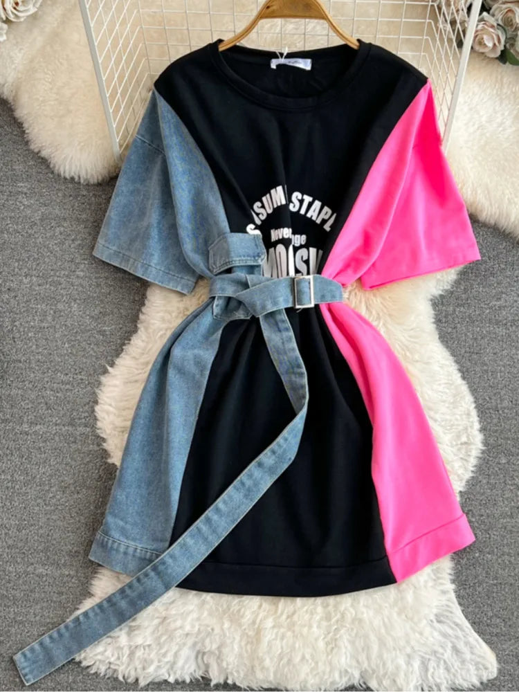 XFPV 2025 Summer Fashion Short Sleeve Round Neck High Waistband Slim A-line Denim Printed Patchwork Dress For Women SM11498