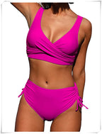 Drawstring High Waist Bikini 2023 Women Solid Swimwear Female Cross Front Swimsuit Padded Beachwear Bather Bathing Swimming Suit
