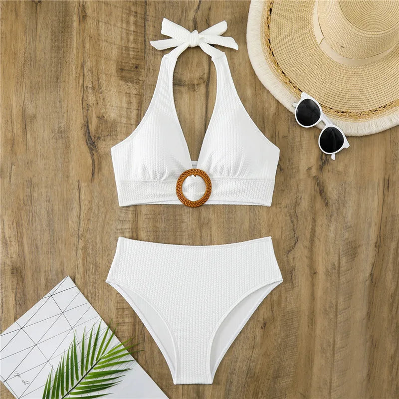 White Ribbed Halter Swimwear High Waisted Bikini Set 2025 Sexy Swimsuit Women Ring Bathing Suit Swimming Wear Bikinis De Mujer