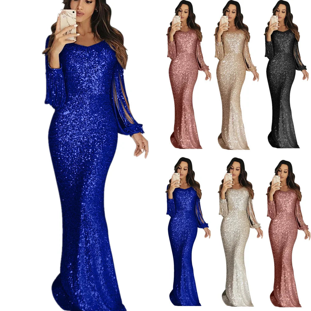 Women's European and American Long Dress Evening Dress Long Sleeve Tassel Dinner Dress