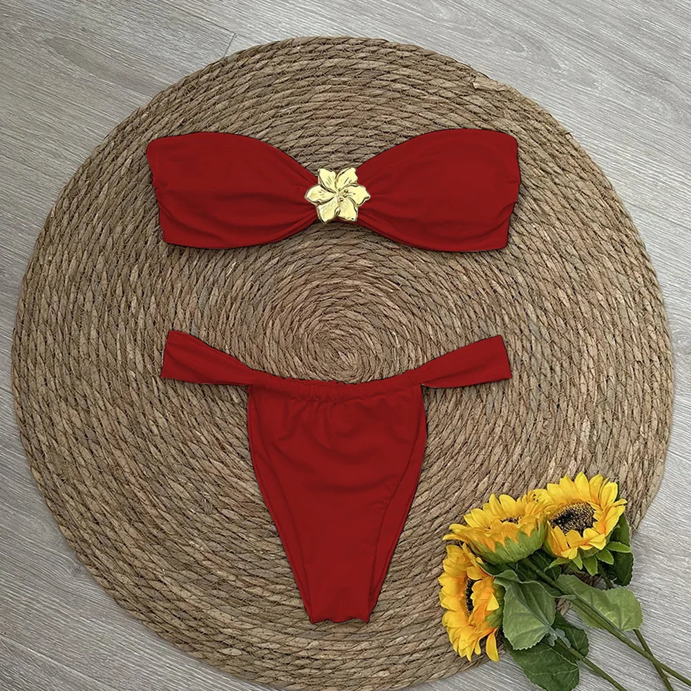 Bandeau Bikini Push Up Women Swimsuits 2025 Sexy Female Swimwear Brazilian Bikini Set Thong Biquini Swim Suits Solid Beachwear