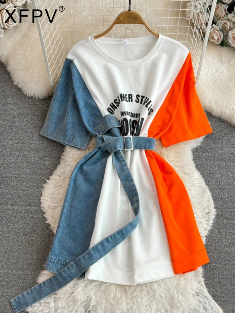 XFPV 2025 Summer Fashion Short Sleeve Round Neck High Waistband Slim A-line Denim Printed Patchwork Dress For Women SM11498