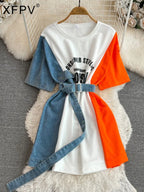 XFPV 2025 Summer Fashion Short Sleeve Round Neck High Waistband Slim A-line Denim Printed Patchwork Dress For Women SM11498