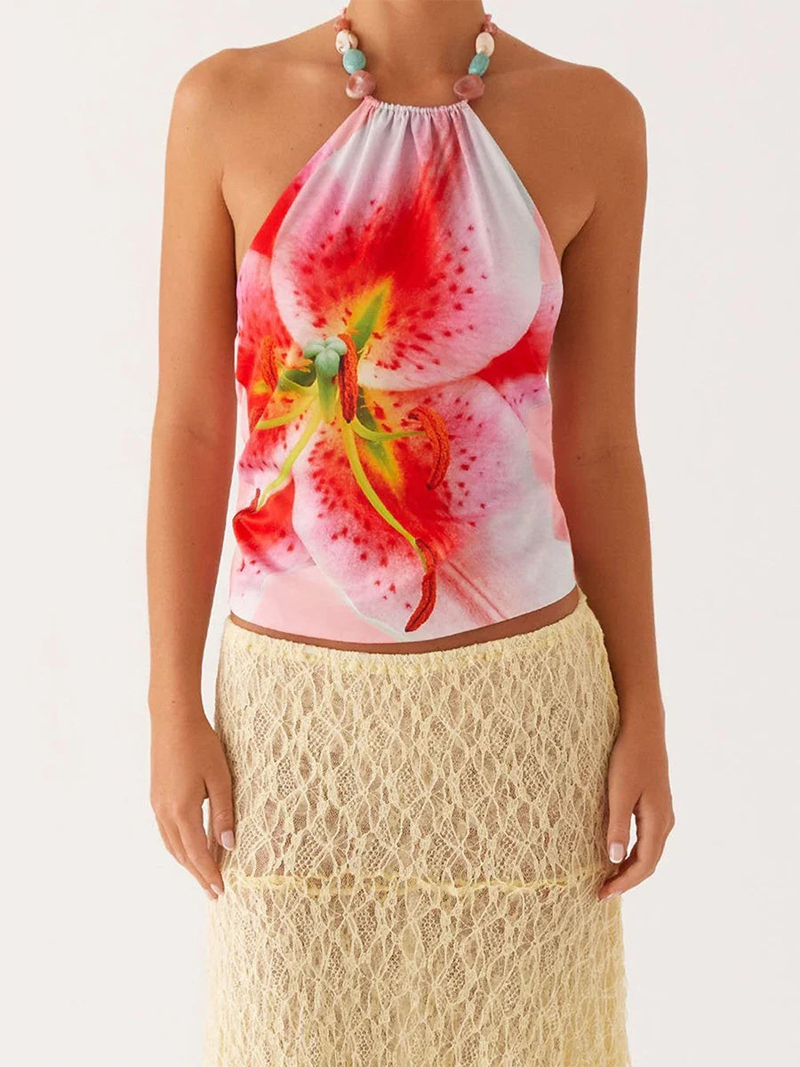 Floral Print Halter Neck Crop Top with Tie-up Detail and Open Back Sleeveless Summer Streetwear for Women