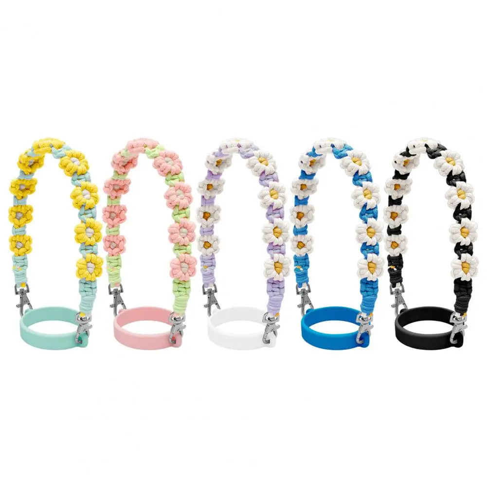 Water Bottle Handle Strap Handmade Flower 16-40oz Tumbler Silicone Safety Ring Cotton Rope Flower Durable Water Bottle Strap