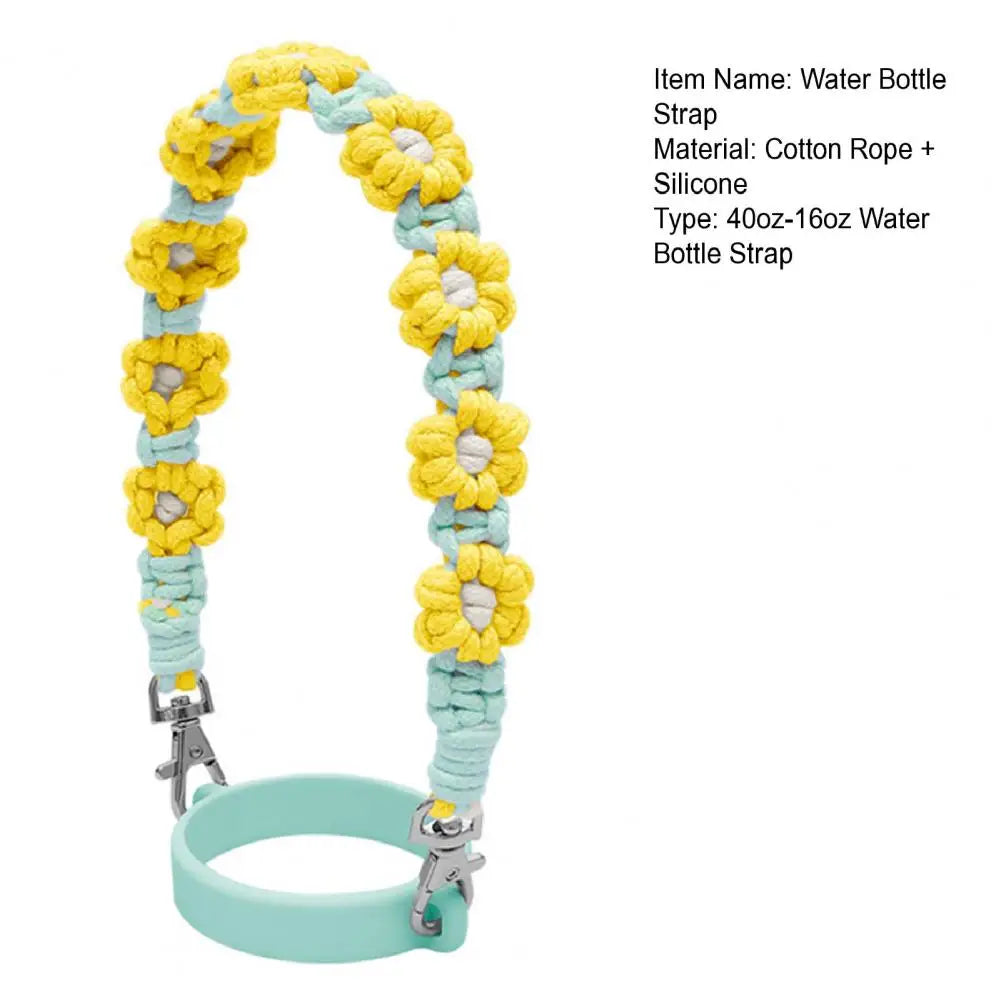 Water Bottle Handle Strap Handmade Flower 16-40oz Tumbler Silicone Safety Ring Cotton Rope Flower Durable Water Bottle Strap