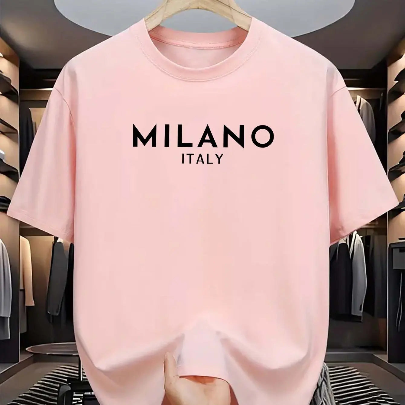 Summer men's 100% pure cotton casual loose and fashionable MILANO ITALY letter printed round neck short sleeved T-shirt top