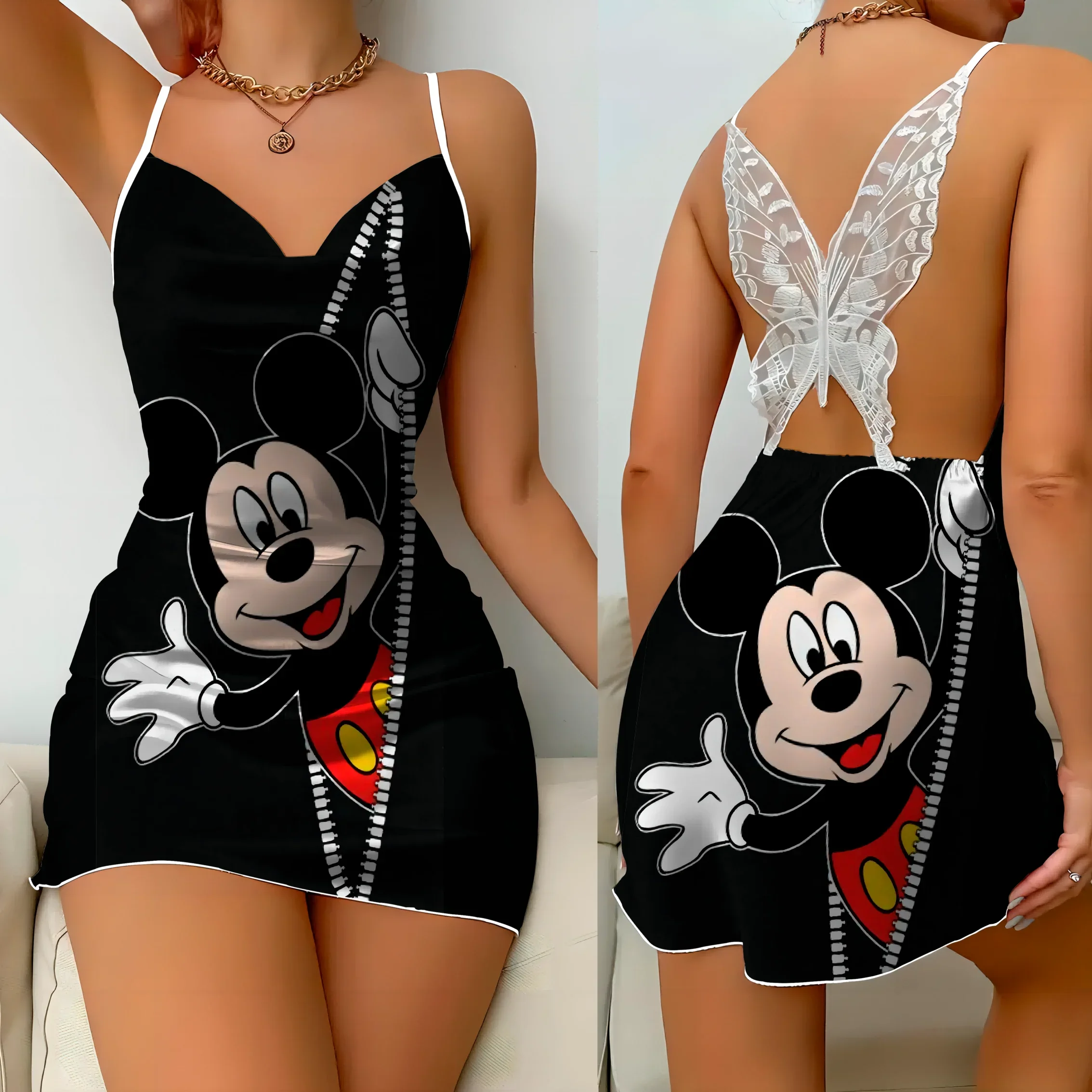 Mini Dress Pajama Skirt Bow Knot Party Dresses Satin Surface Minnie Mouse Mickey Womens Fashion Summer 2025 Elegant Women
