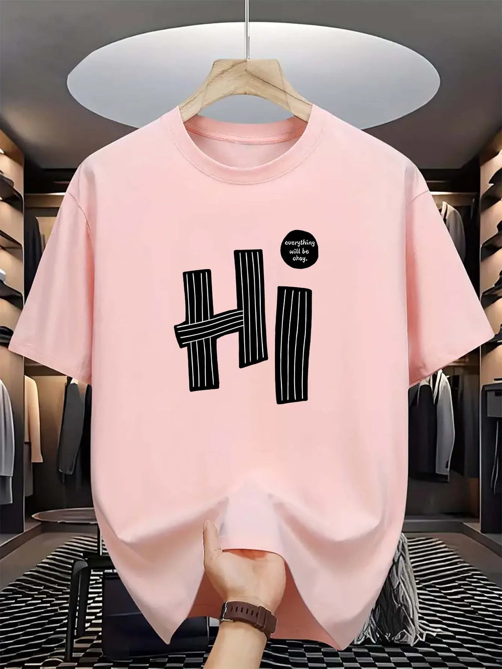 Summer men's 100% pure cotton casual loose fit plus size hi letter pattern  printed round neck short sleeved T-shirt top