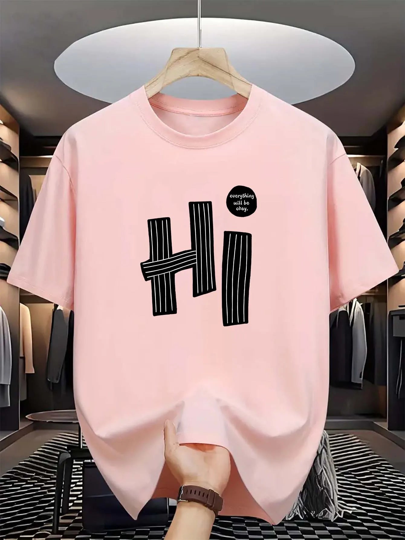 Summer men's 100% pure cotton casual loose fit plus size hi letter pattern  printed round neck short sleeved T-shirt top