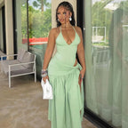 Women Sexy Cut Out Dress Sets Halter Deep V Neck Bodysuit and Tie Maxi Long Skirt Set 2025 Summer Two 2 Piece Vacation Outfits