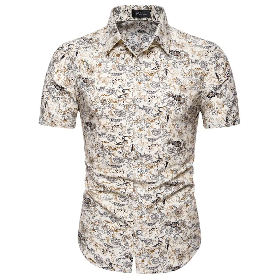 Summer New Men's Short Sleeved Shirt Thin Collar Hawaiian Style Floral Shirt Vacation Series Men's Shirt