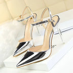Women 10.5cm High Heels Sandals Lady Metallic Gold Silver Patent Leather Stripper Strap Sandles Wedding Fetish Nightclub Shoes