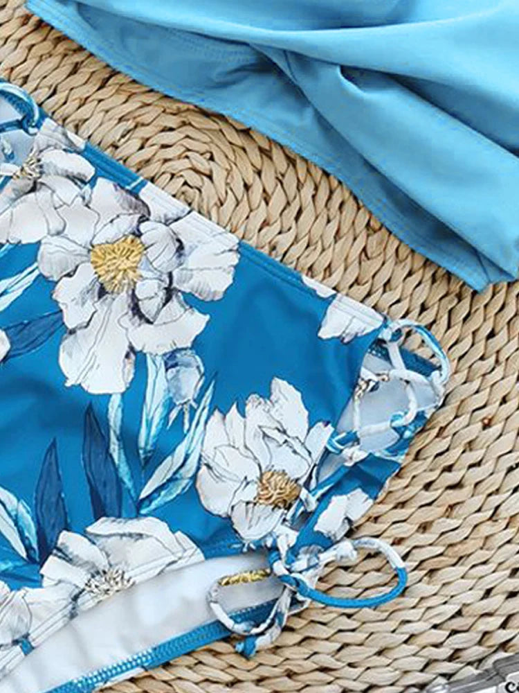 Floral Print V Neck Bikini Sets, Tie Back Tie Side Cut Out High Waist High Cut Two Pieces Swimsuit, Women's Swimwear & Clothing